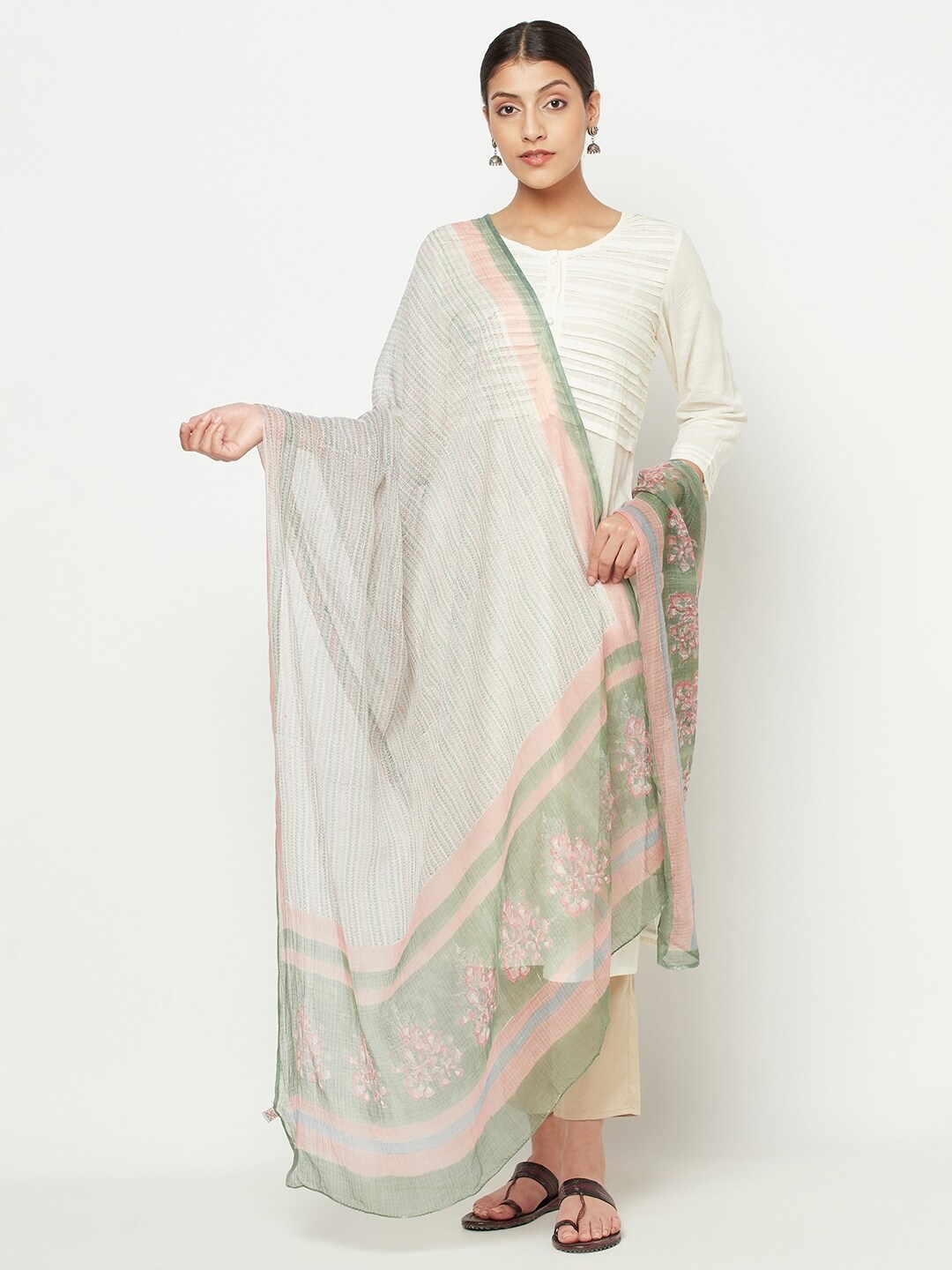 

Fabindia Green & Off White Woven Design Cotton Silk Dupatta