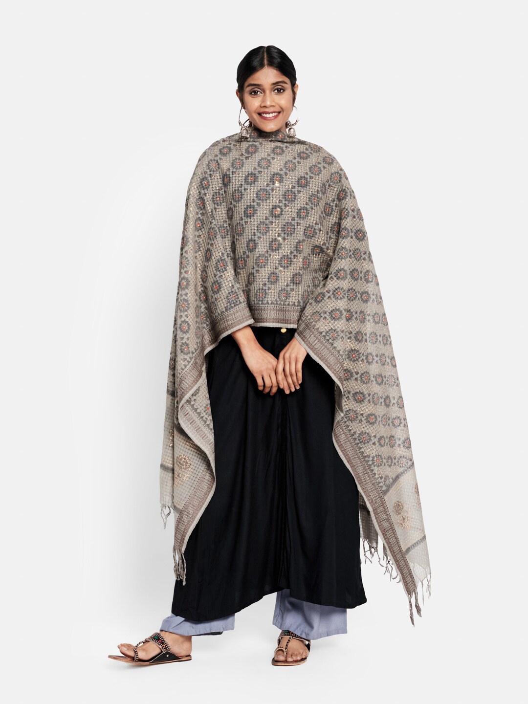 

Fabindia Women Grey & Golden Floral Pure Cotton Dupatta