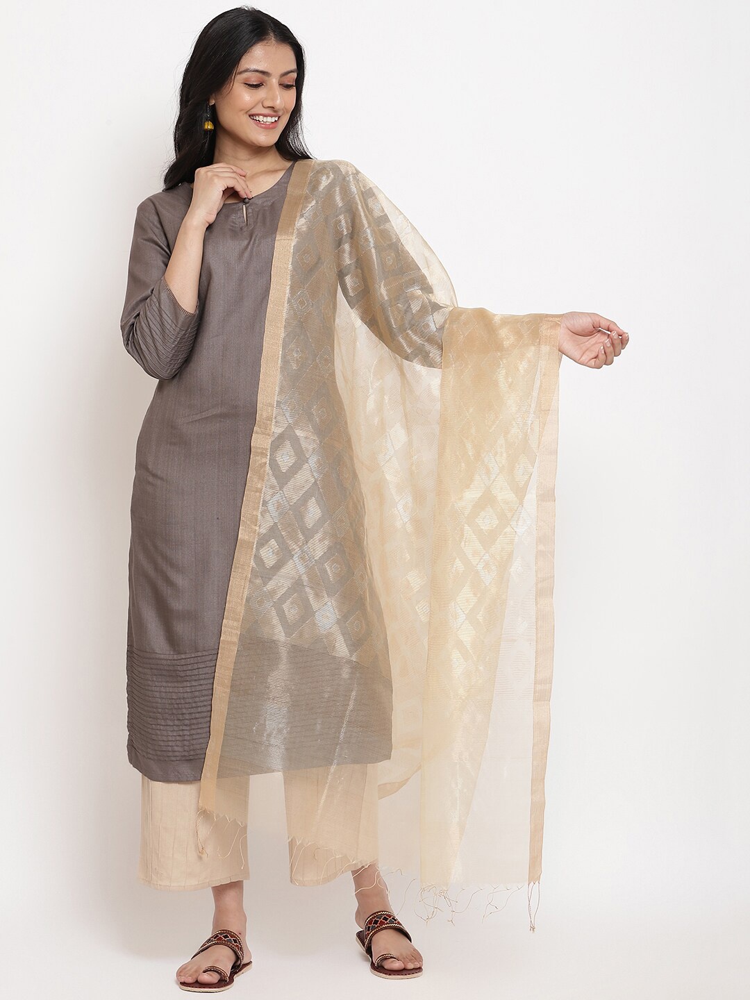 

Fabindia Beige & Gold-Toned Woven Design Pure Silk Dupatta