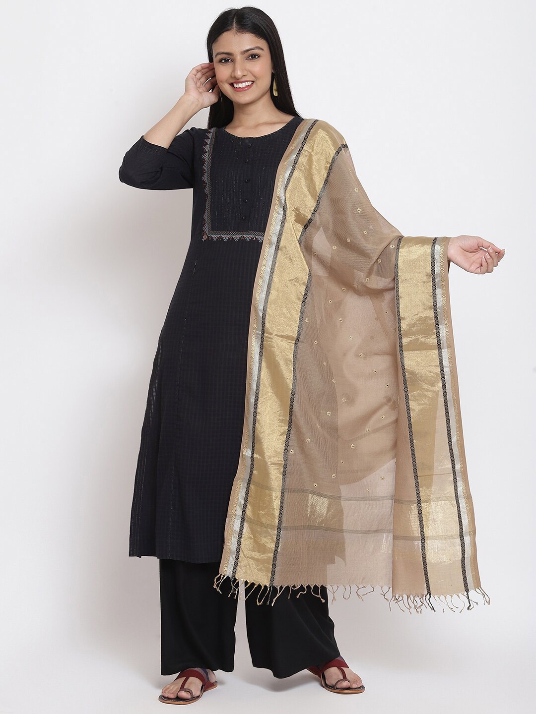 

Fabindia Women Beige & Gold-Toned Ethnic Motifs Printed Cotton Silk Dupatta