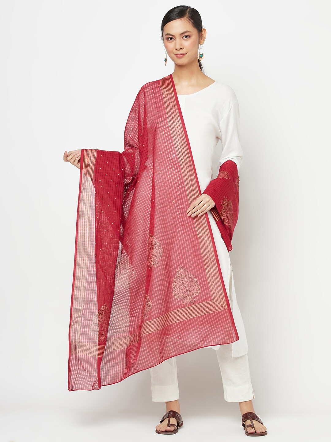 

Fabindia Women Maroon & Gold-Toned Ethnic Motifs Printed Pure Cotton Dupatta