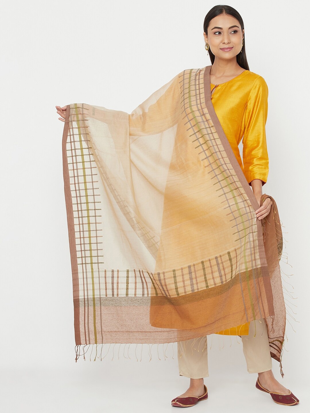 

Fabindia Women Off White & Pink Checked Cotton Silk Dupatta