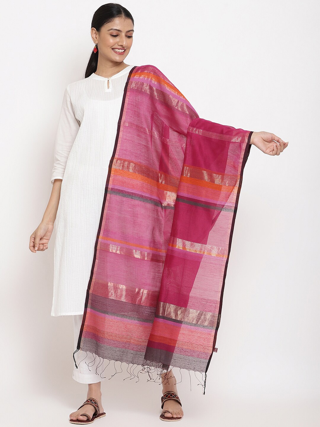 

Fabindia Magenta & Black Striped Cotton Silk Dupatta