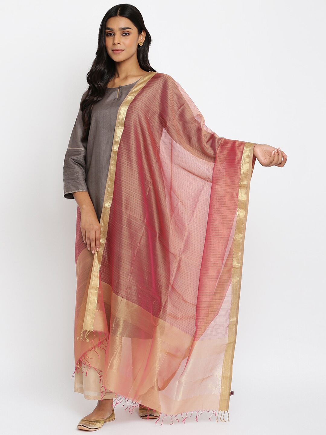 

Fabindia Women Beige & Golden Striped Cotton Silk Dupatta