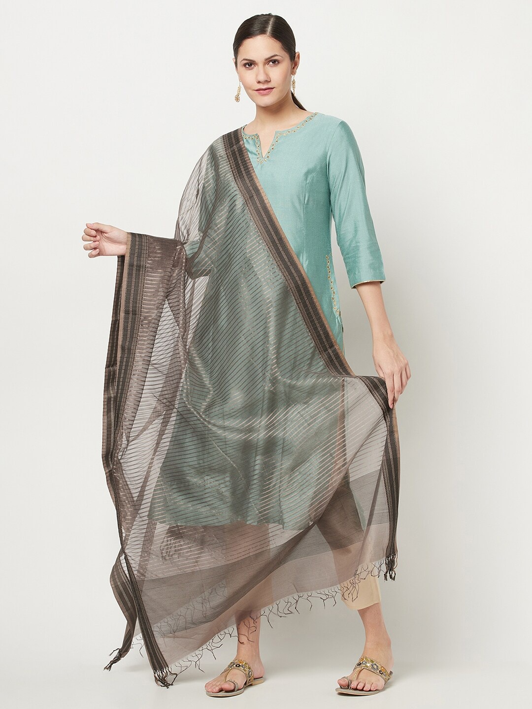 

Fabindia Brown And Golden Striped Zari Dupatta