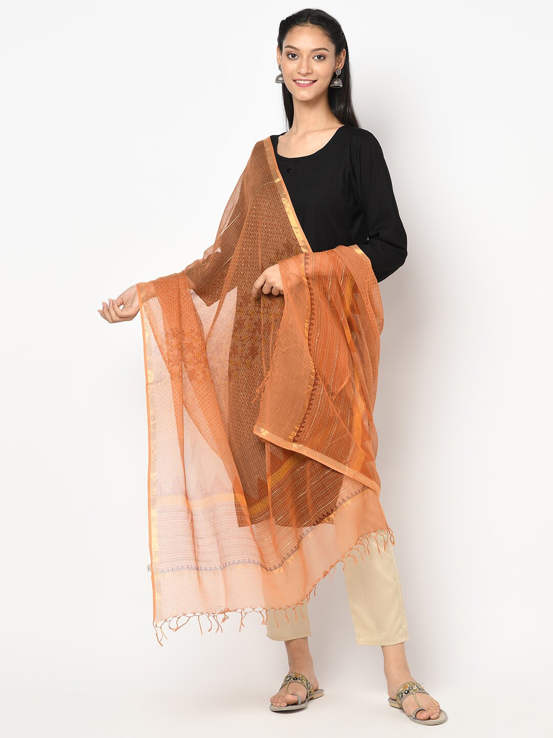 

Fabindia Women Green & Red Printed Cotton Silk Foil Print Dupatta with Zari