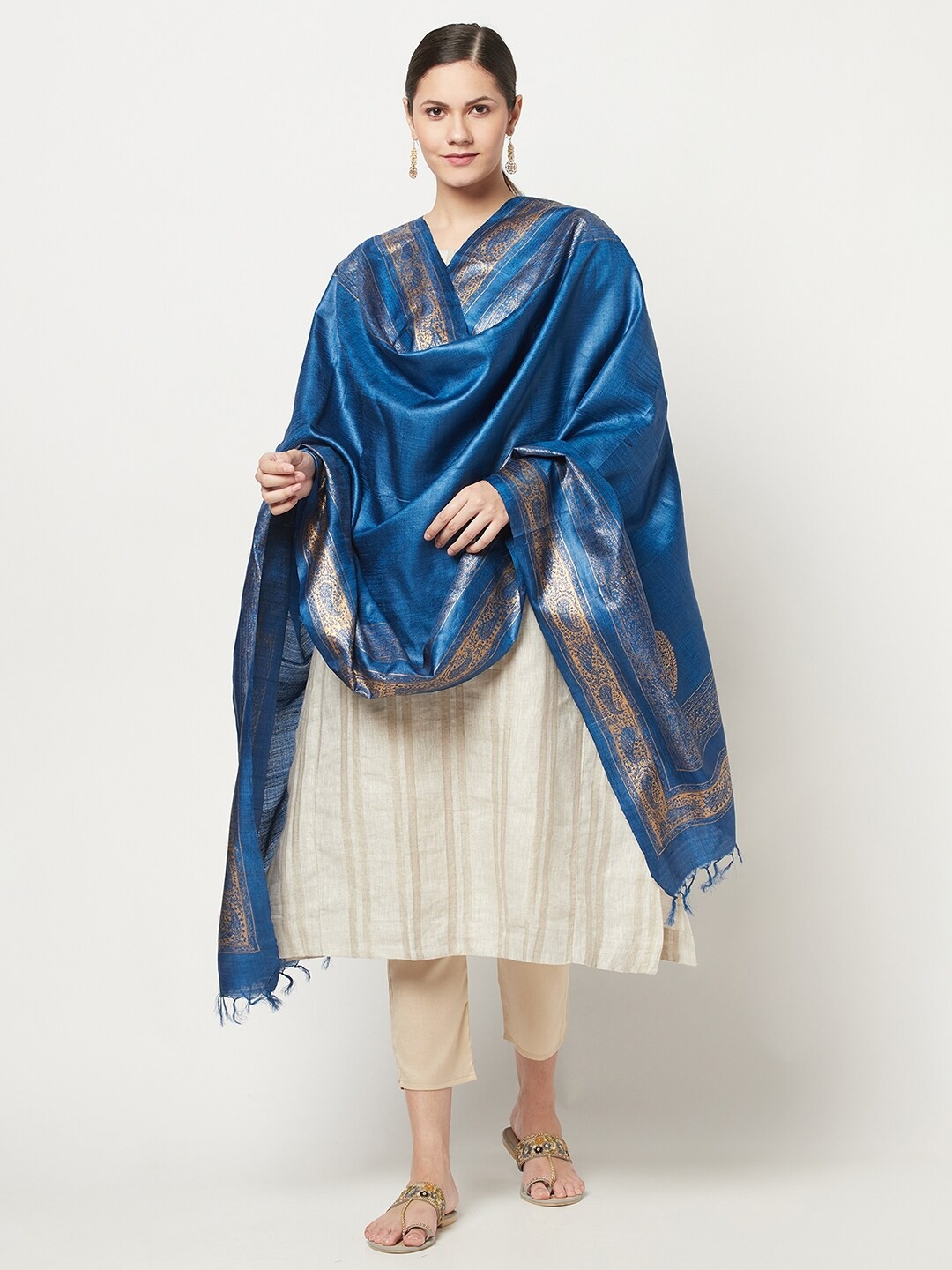 

Fabindia Blue & Gold-Toned Ethnic Motifs Woven Design Pure Silk Dupatta with Zari