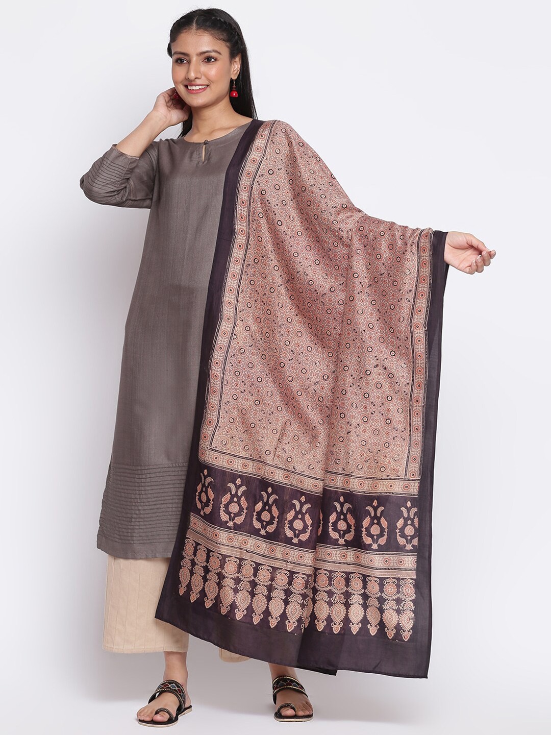 

Fabindia Lavender & Beige Ethnic Motifs Printed Pure Silk Dupatta
