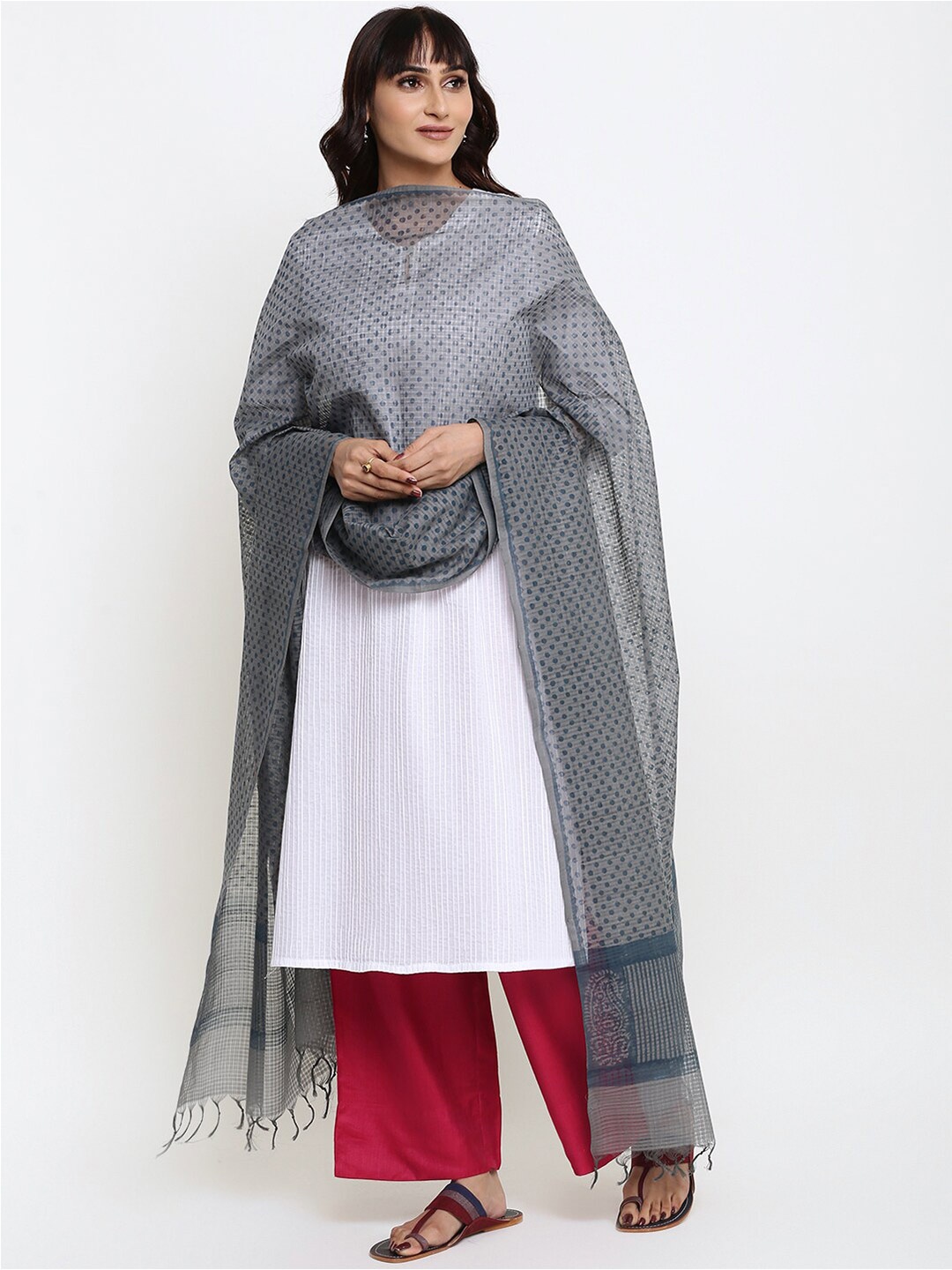

Fabindia Women Grey & Blue Printed Pure Cotton Dupatta