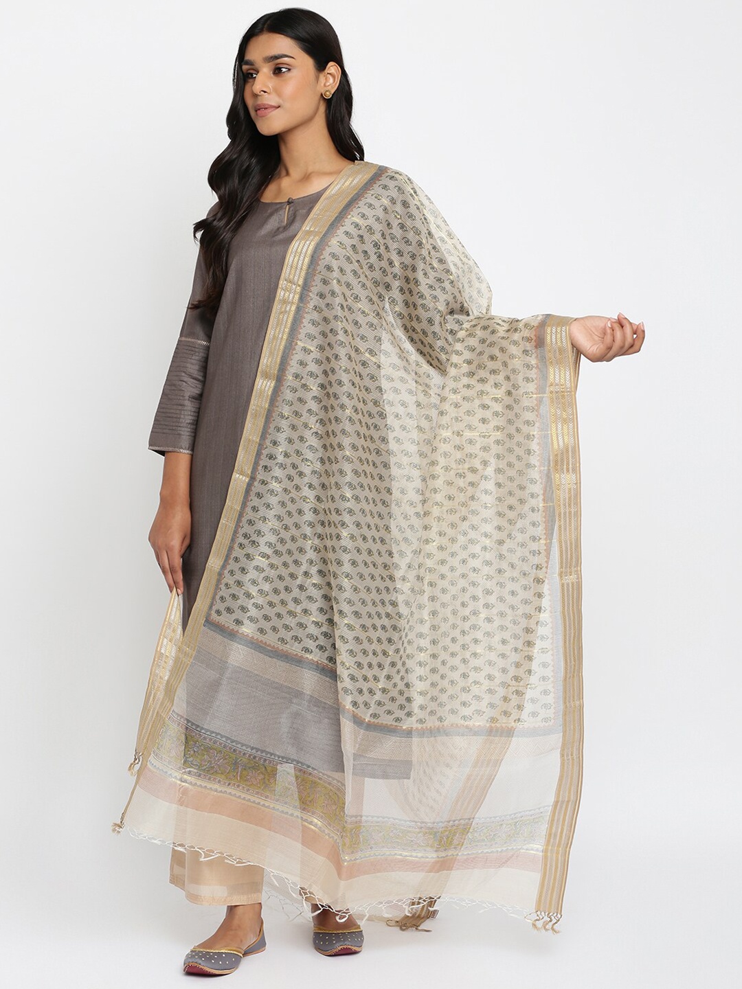

Fabindia Women Beige & Gold-Toned Printed Cotton Silk Dupatta