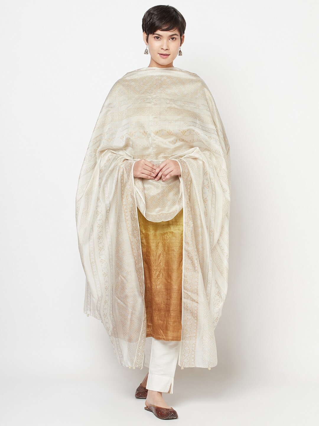 

Fabindia Women Off White & Gold-Toned Ethnic Motifs Printed Cotton Silk Dupatta