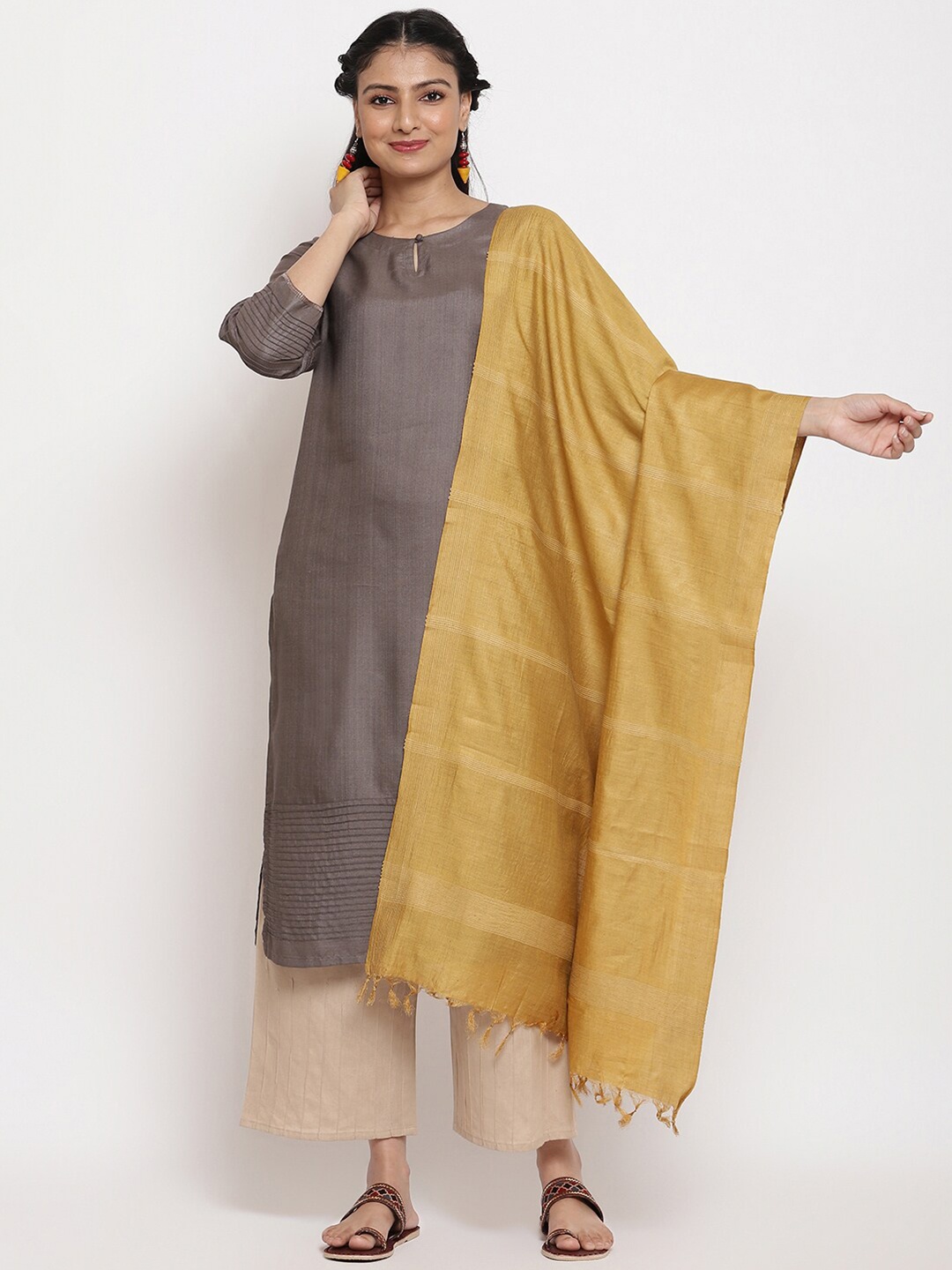 

Fabindia Women Mustard Striped Pure Silk Dupatta
