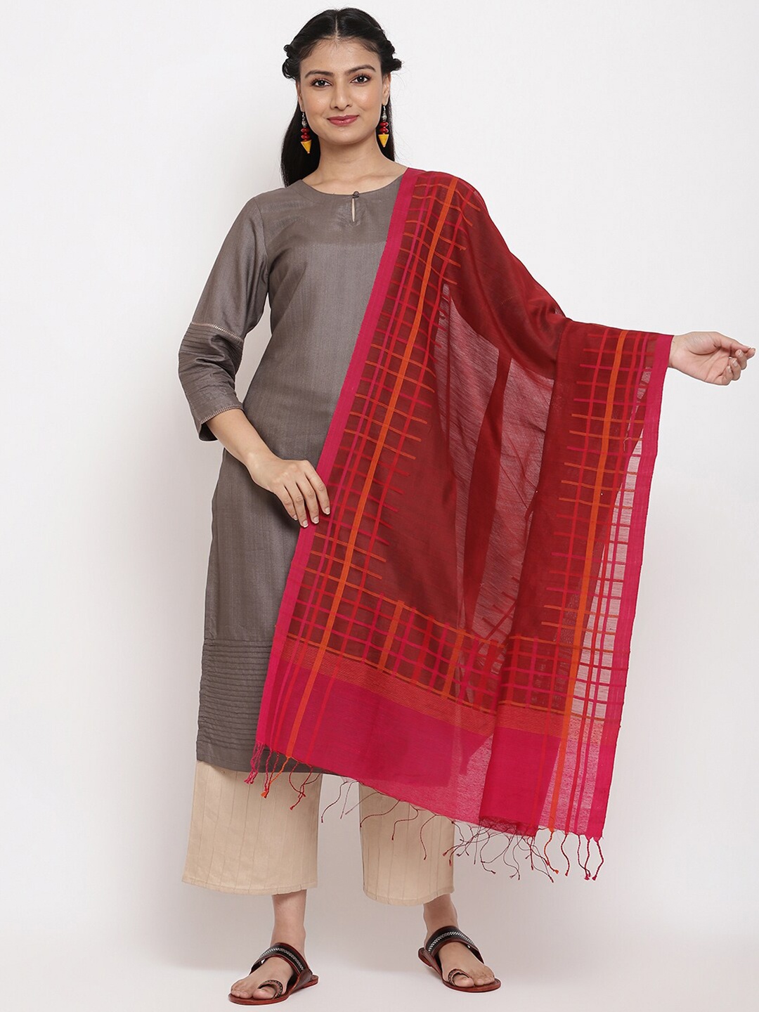 

Fabindia Women Red & Orange Woven Design Cotton Silk Dupatta