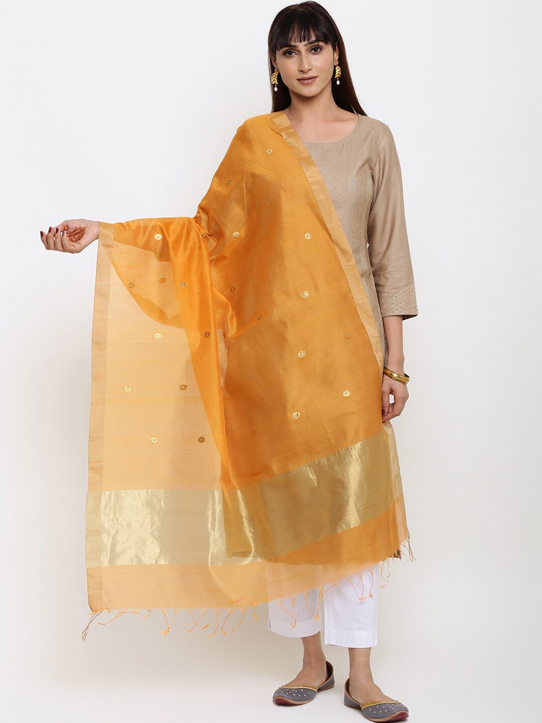 

Fabindia Mustard & Gold-Toned Woven Design Cotton Silk Dupatta