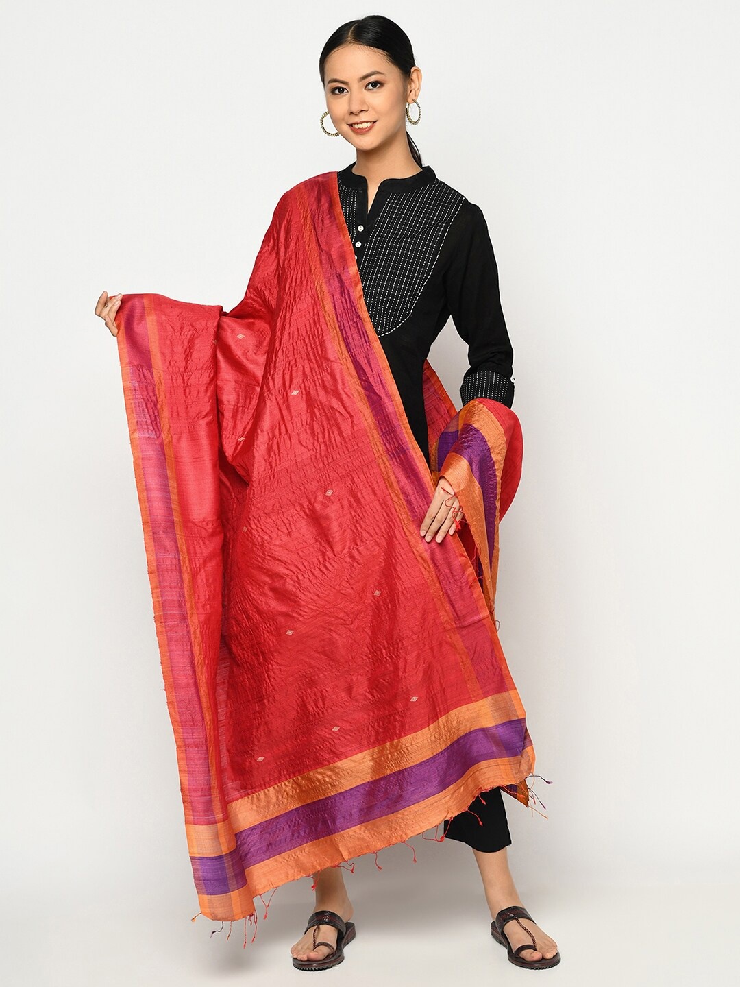 

Fabindia Women Red & Mustard Woven Design Pure Silk Dupatta