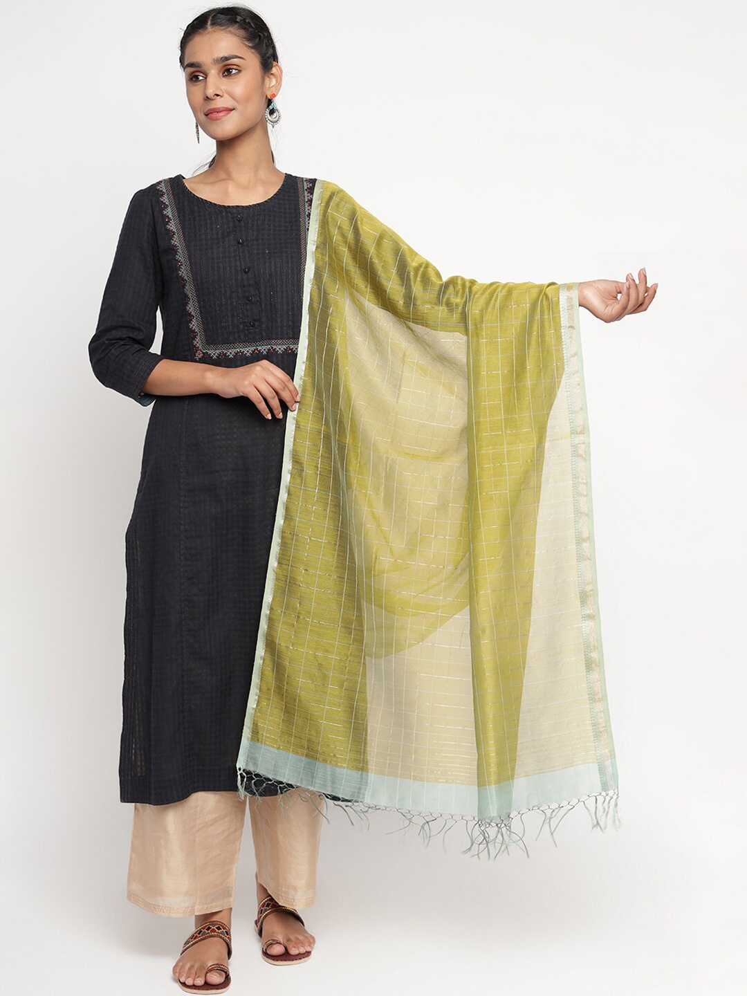 

Fabindia Olive Green & Silver-Toned Checked Cotton Silk Dupatta