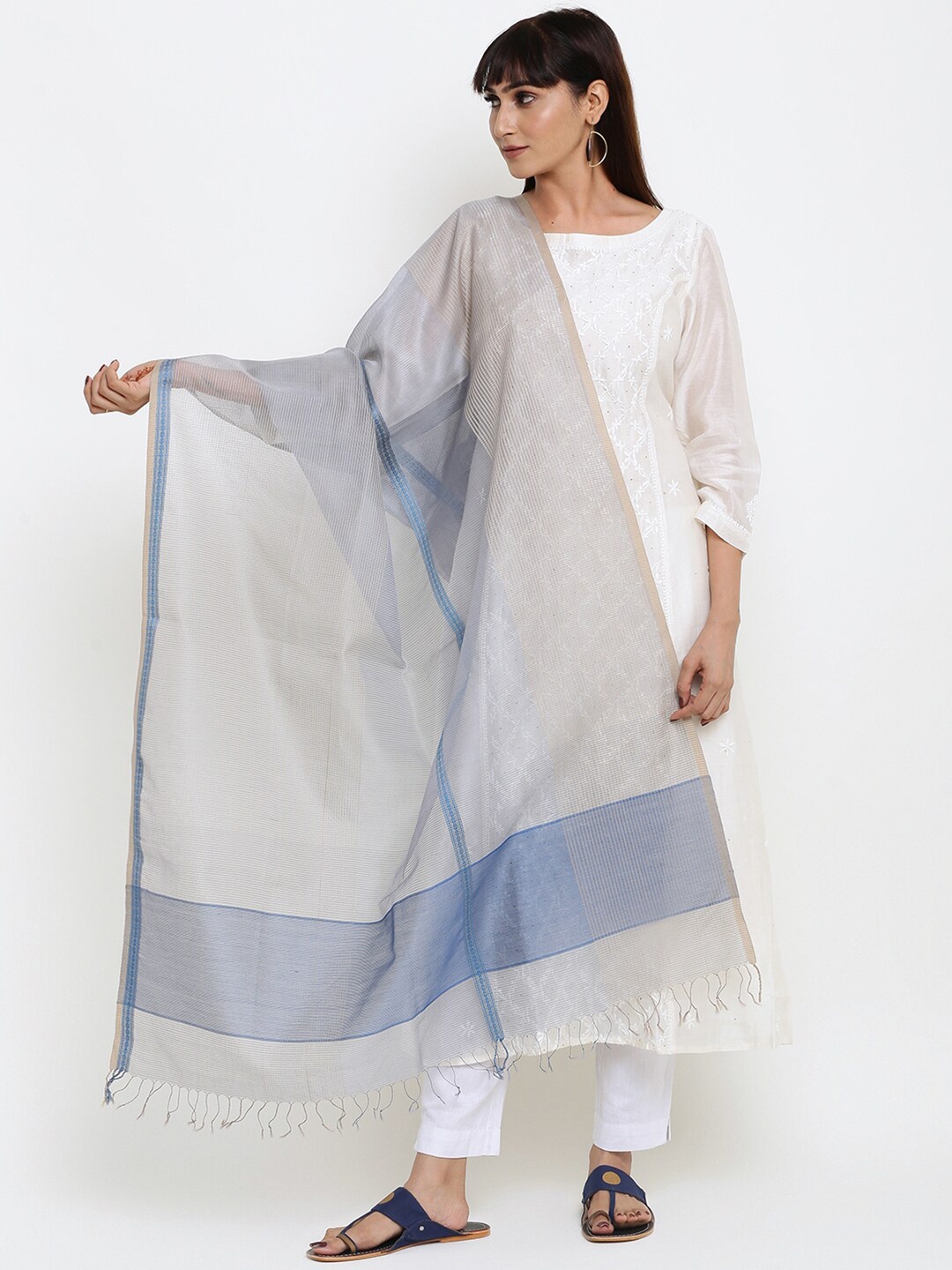 

Fabindia Blue & Off White Woven Design Cotton Silk Dupatta