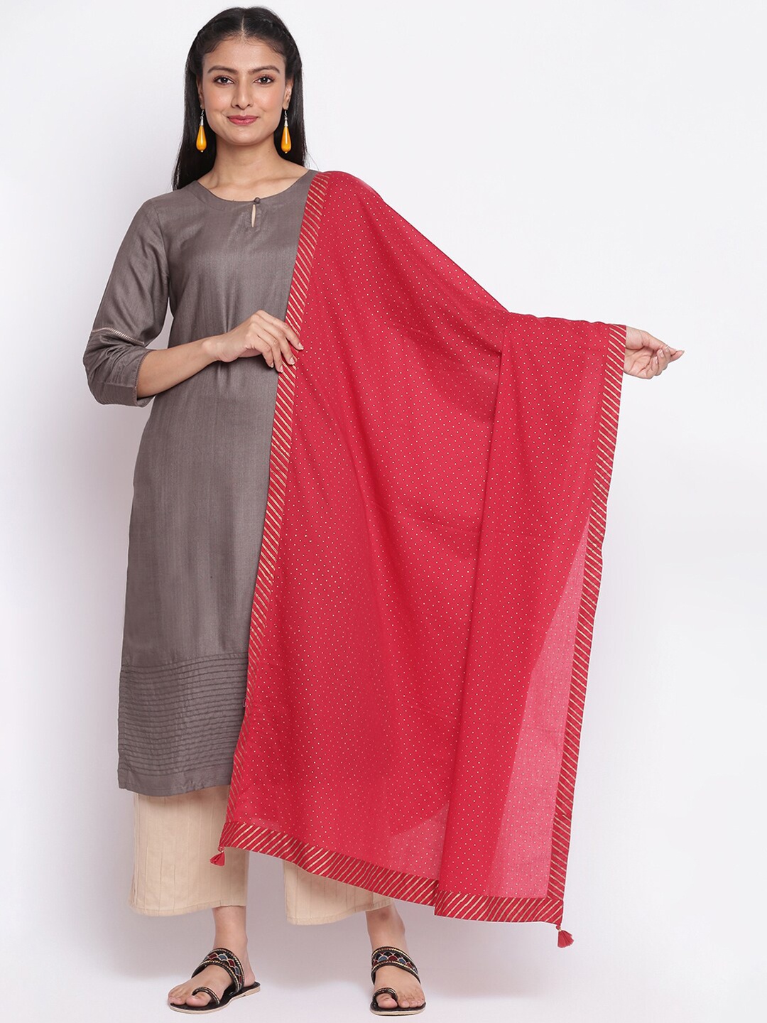 

Fabindia Red & Gold-Toned Tasselled Printed Pure Cotton Dupatta