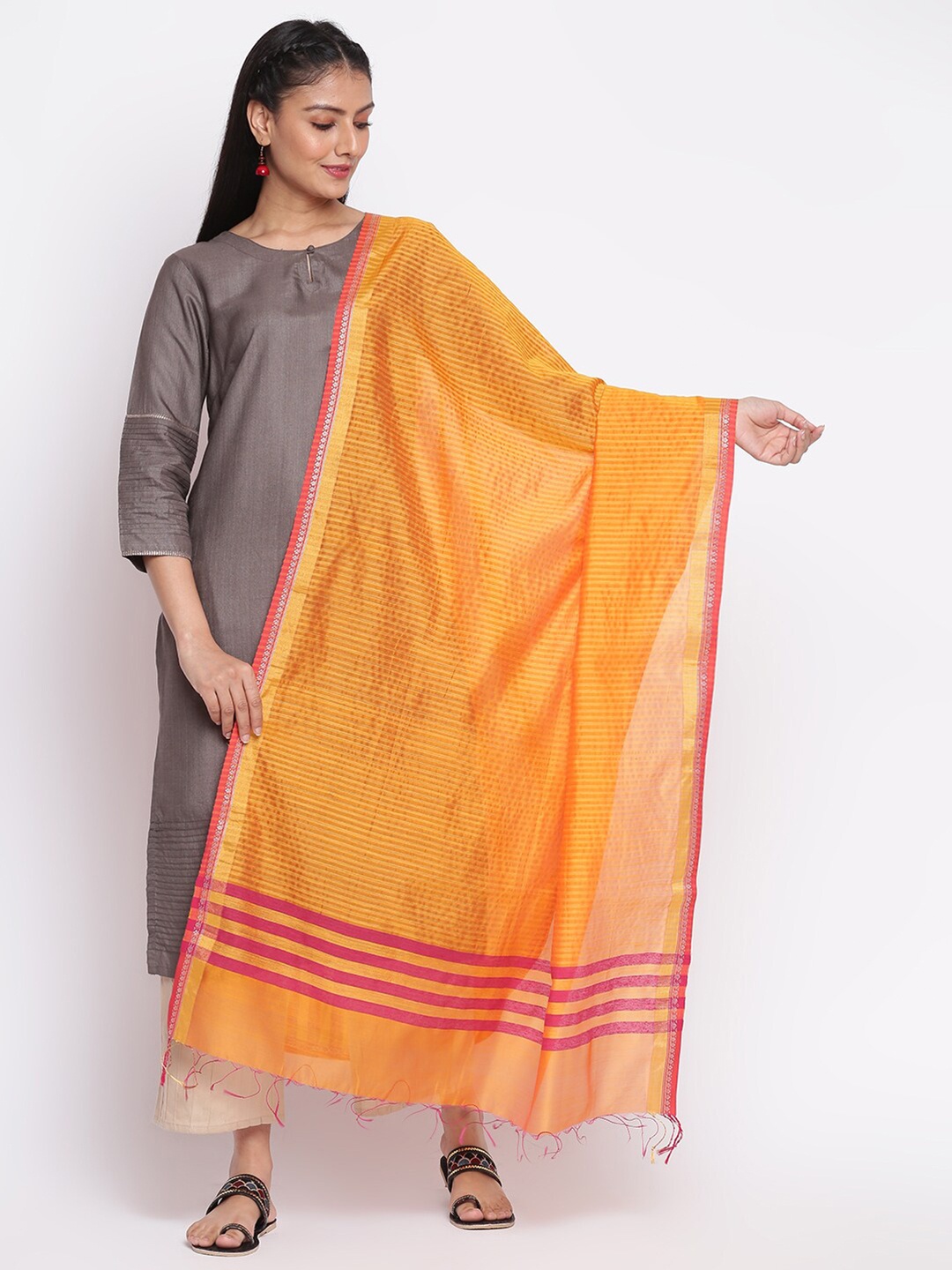 

Fabindia Women Yellow & Pink Striped Cotton Silk Dupatta
