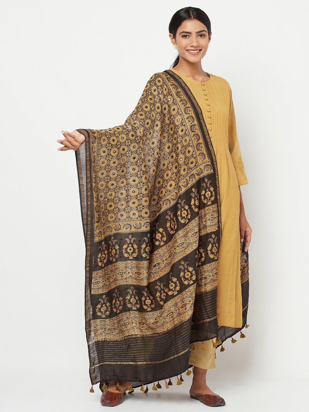 

Fabindia Women Beige & Black Ethnic Motifs Printed Cotton Silk Dupatta