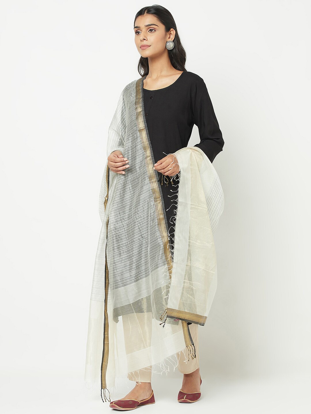 

Fabindia Off White & Gold-Toned Striped Cotton Silk Dupatta with Zari