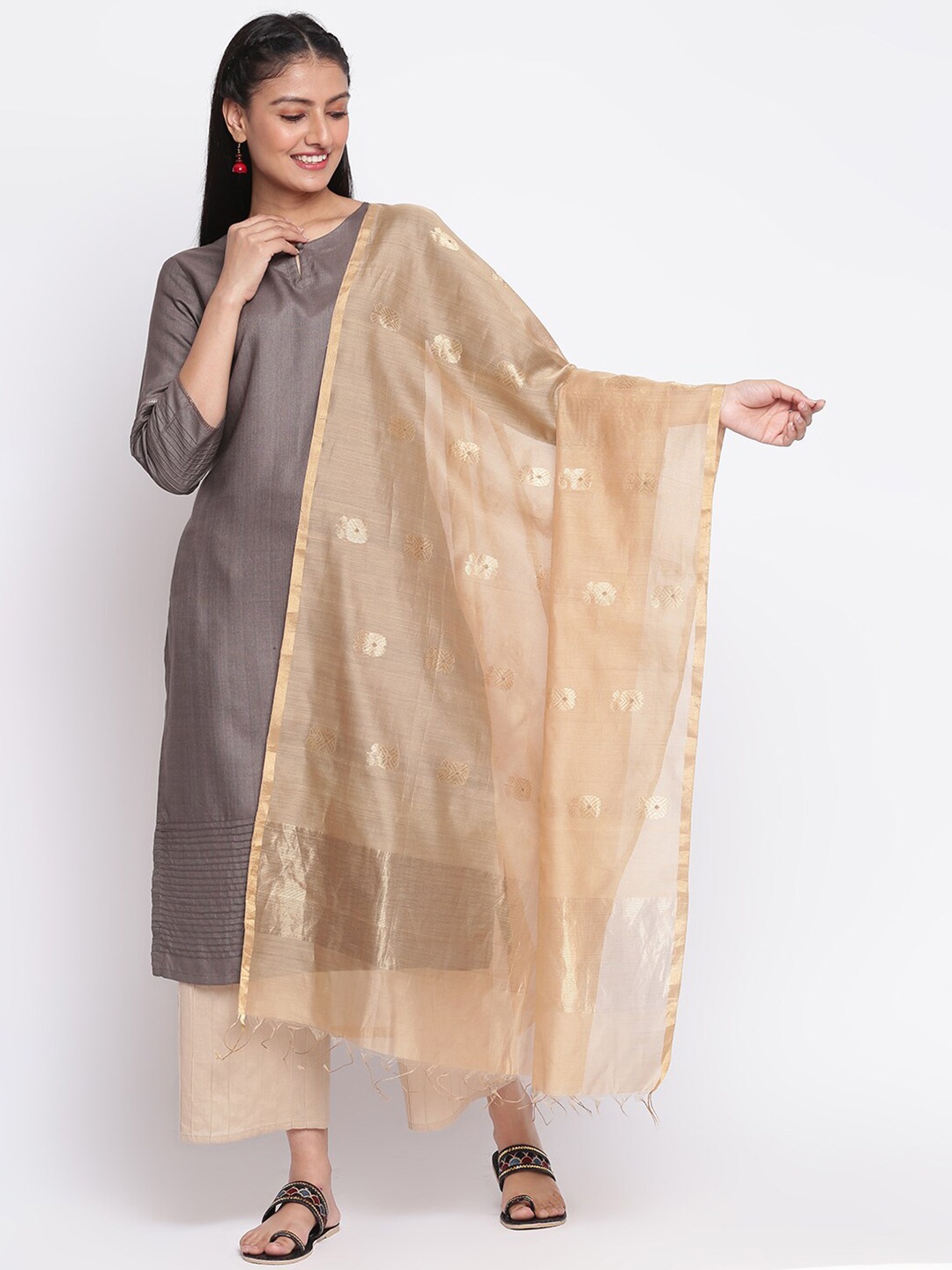 

Fabindia Beige & Gold-Toned Woven Design Cotton Silk Dupatta