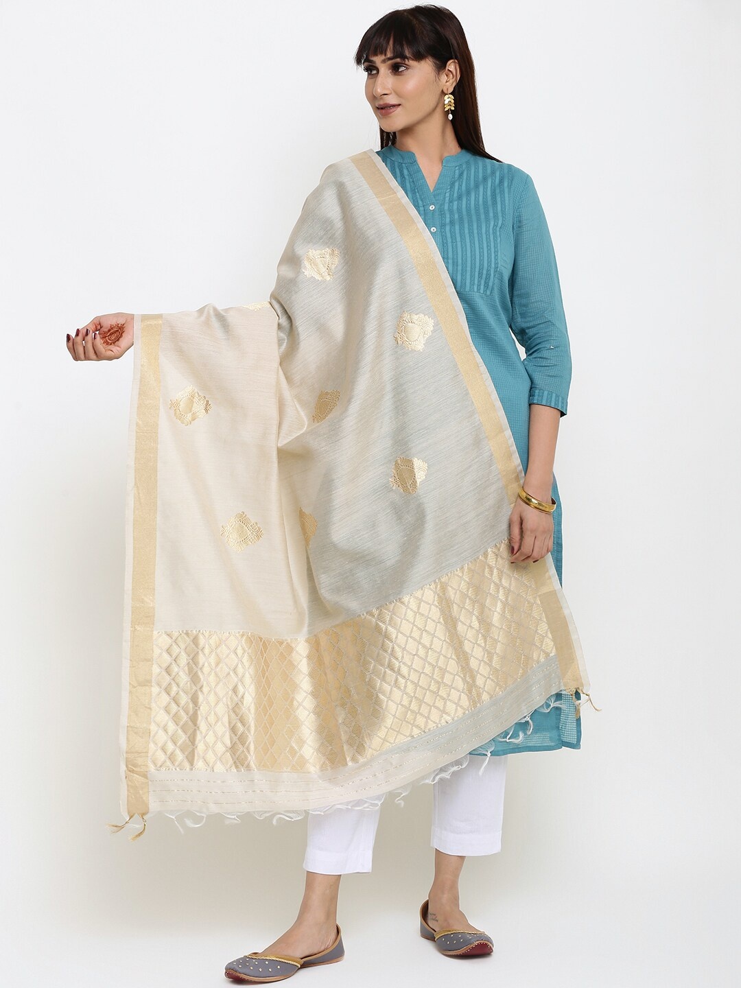 

Fabindia Off White & Gold-Toned Ethnic Motifs Woven Design Pure Silk Dupatta