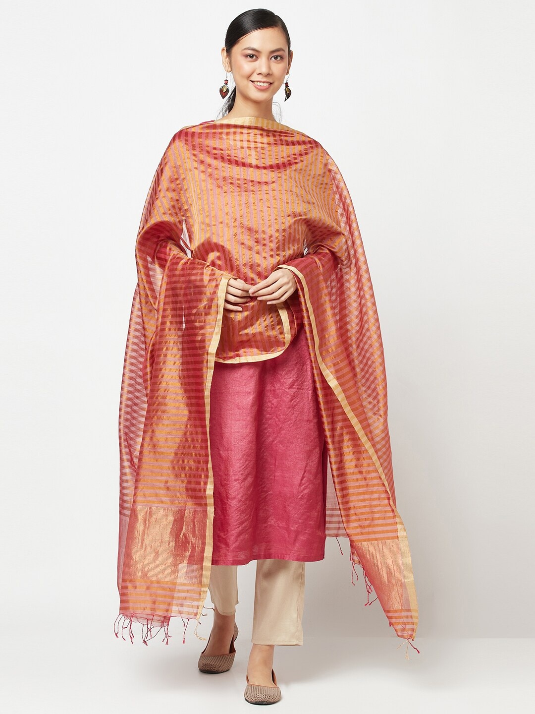 

Fabindia Women Peach-Coloured & Mustard Striped Cotton Silk Dupatta