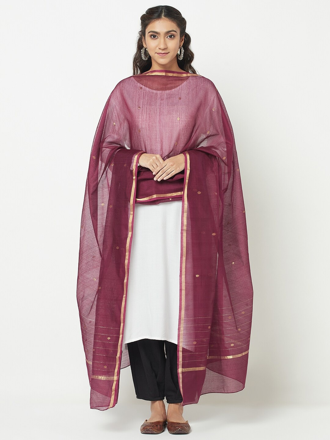 

Fabindia Women Red & Gold-Toned Ethnic Motifs Woven Design Cotton Silk Dupatta with Zari