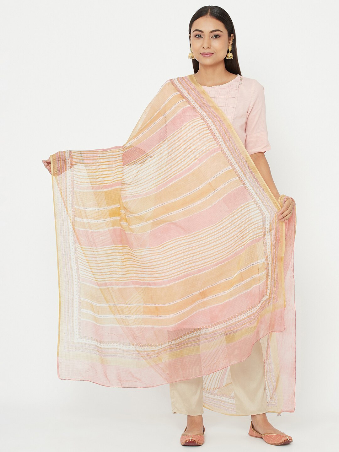 

Fabindia Yellow & Pink Printed Cotton Silk Dupatta