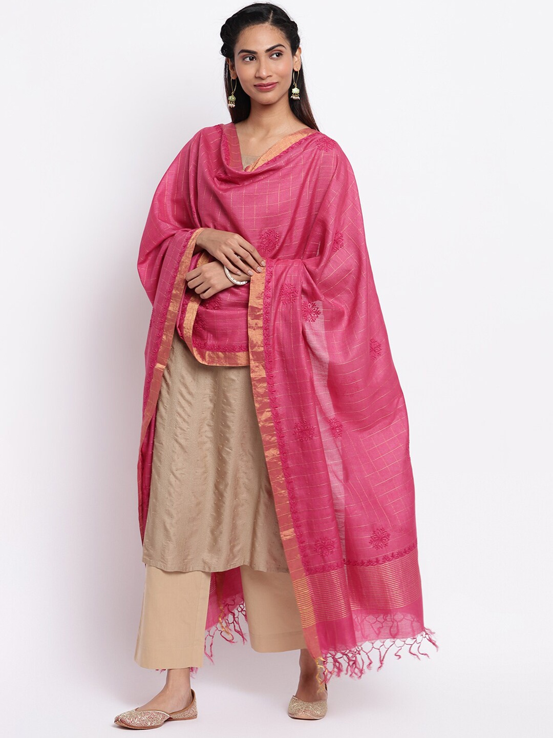 

Fabindia Women Magenta & Gold Woven Design Cotton Blend Dupatta