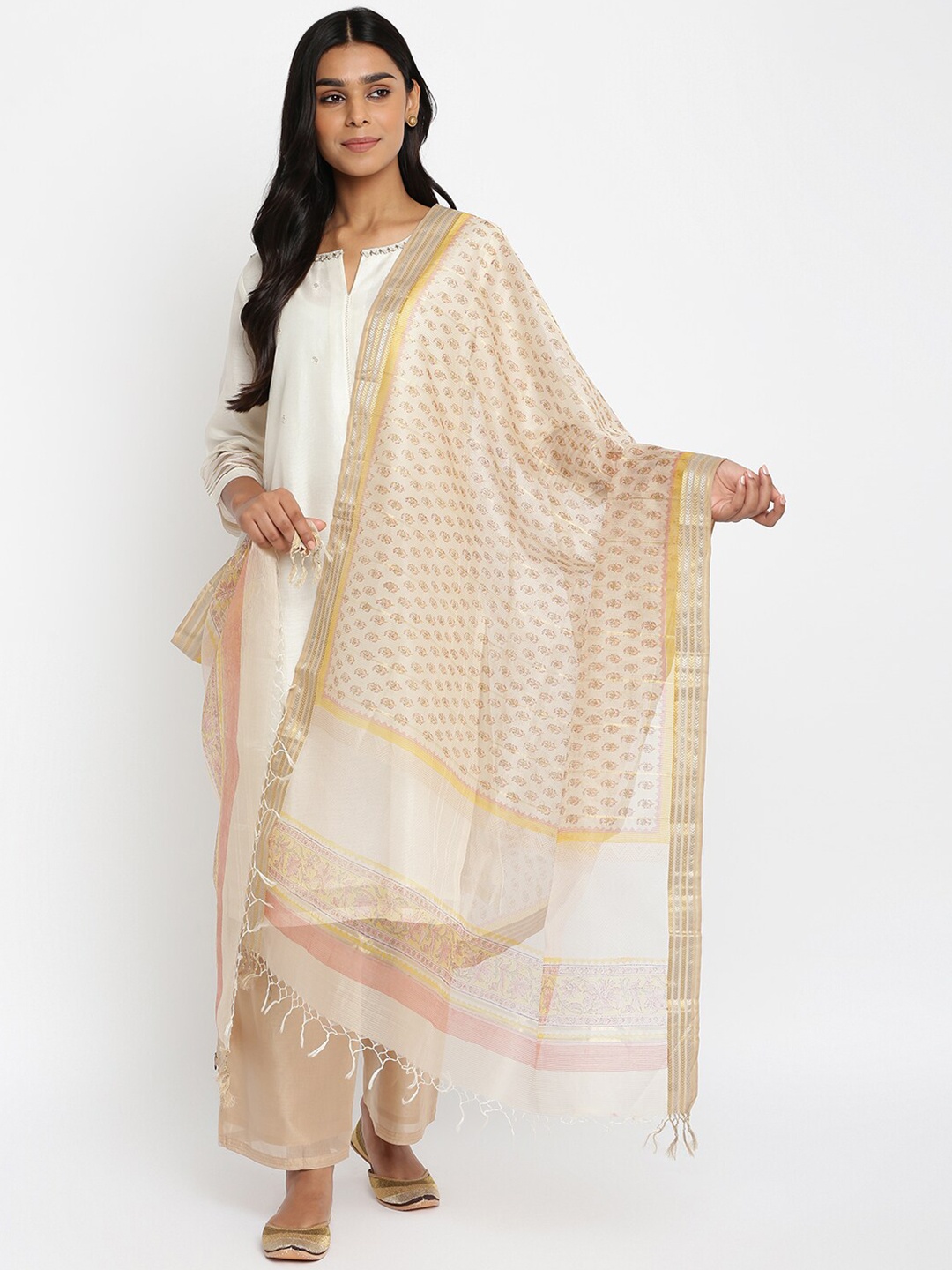 

Fabindia Cream-Coloured Ethnic Motifs Printed Cotton Silk Dupatta