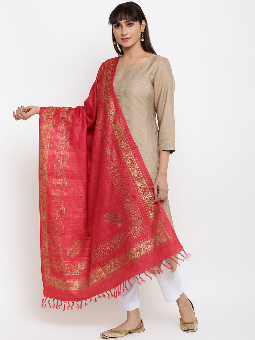 

Fabindia Red & Gold-Toned Paisley Printed Pure Silk Dupatta