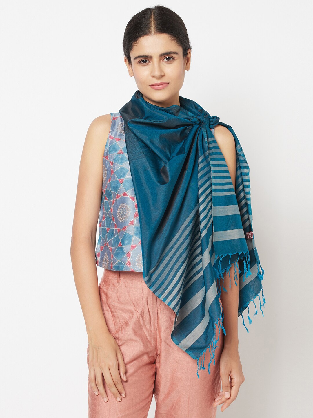 

Fabindia Women Blue & Grey Printed Silk Stole