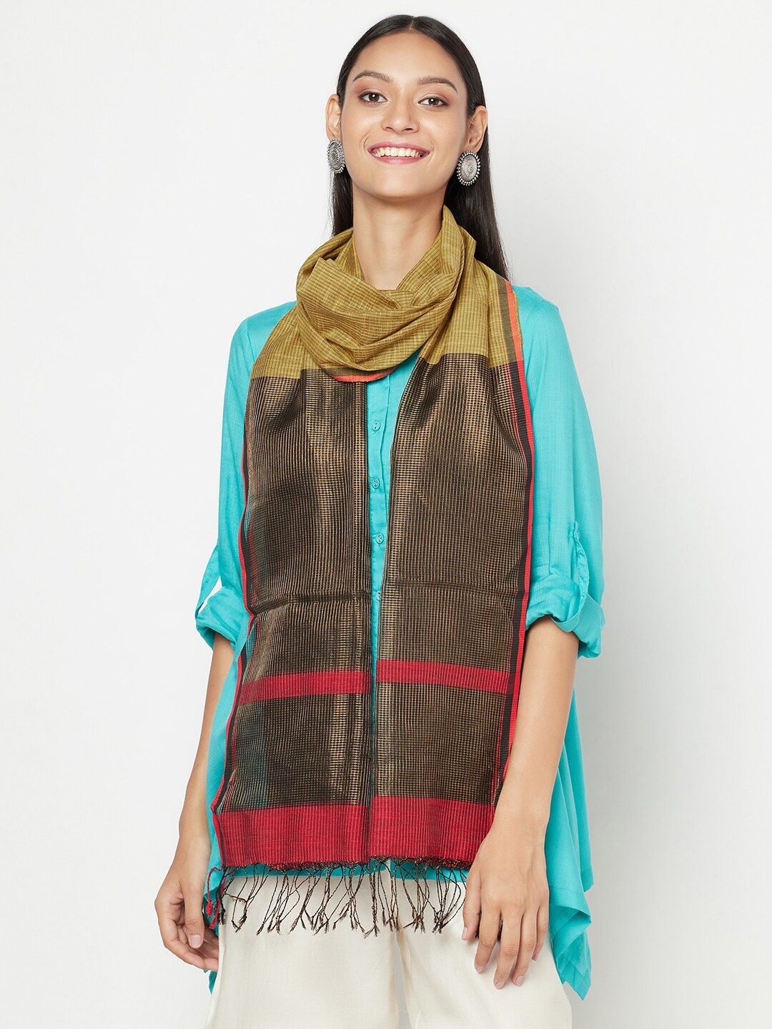 

Fabindia Women Black & Green Striped Cotton Stole