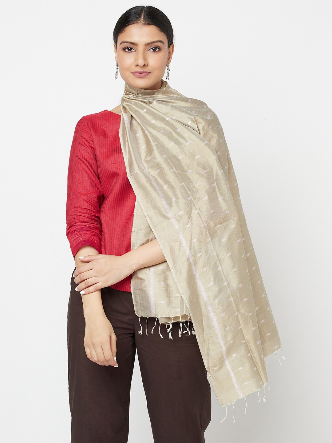 

Fabindia Women Beige & Gold-Toned Woven Design Stole With Tasselled Border