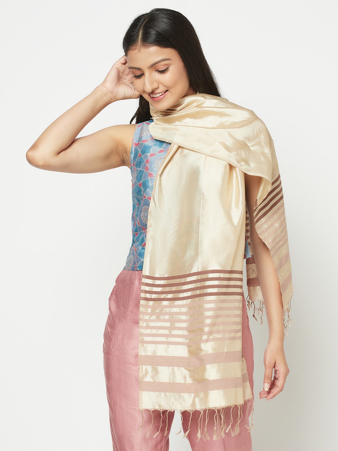 

Fabindia Women Off White & Brown Striped Silk Stoles