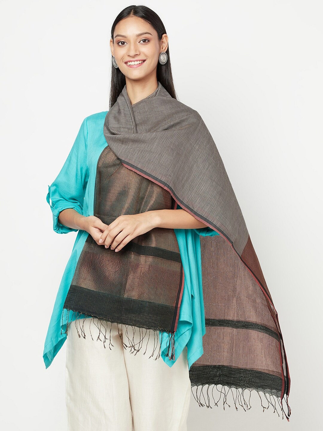 

Fabindia Women Grey & Black Cotton Checked Stole