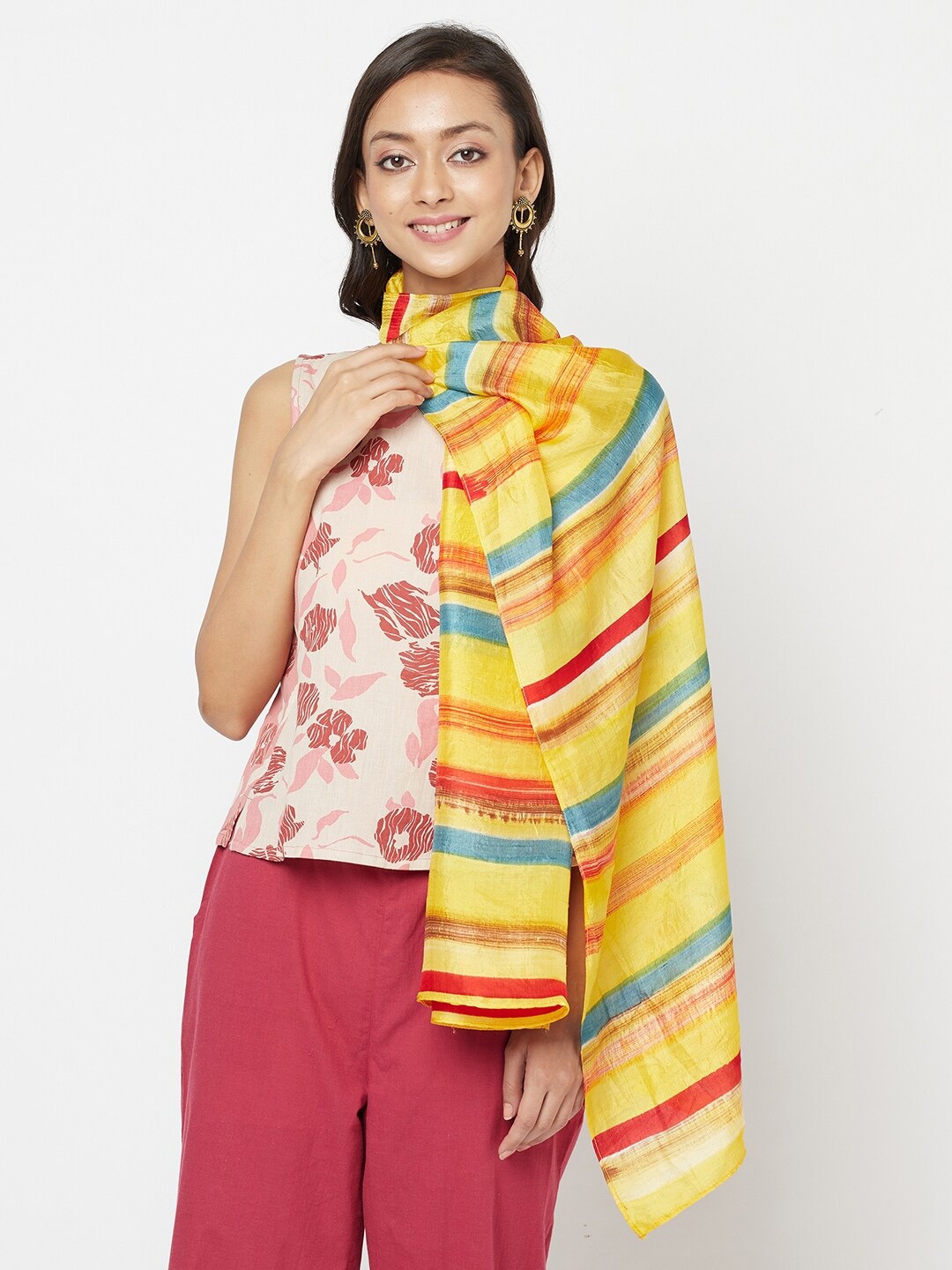 

Fabindia Women Yellow & Blue Striped Silk Stole