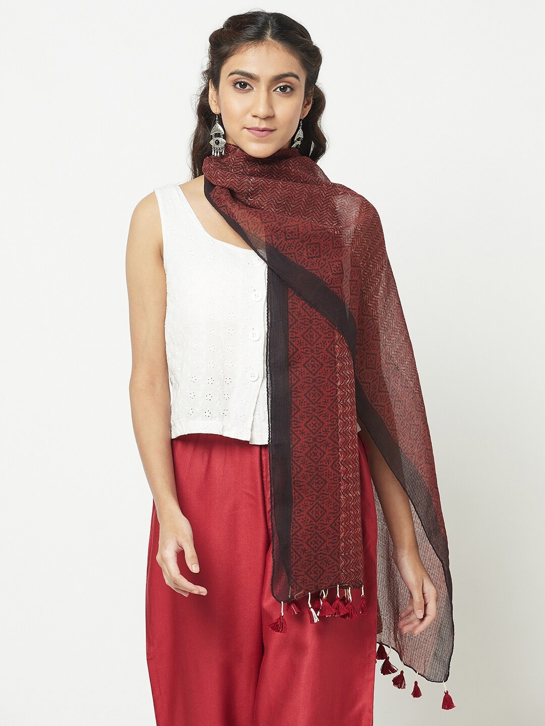 

Fabindia Women Maroon & Black Printed Stole