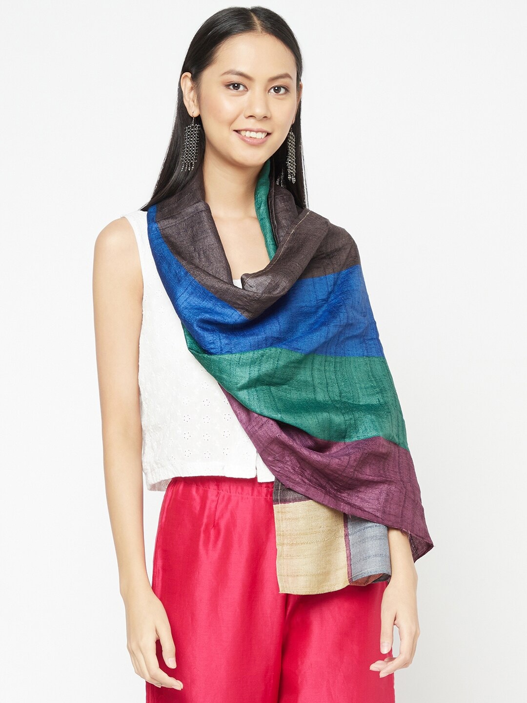 

Fabindia Women Multi Color Colourblocked Silk Stoles