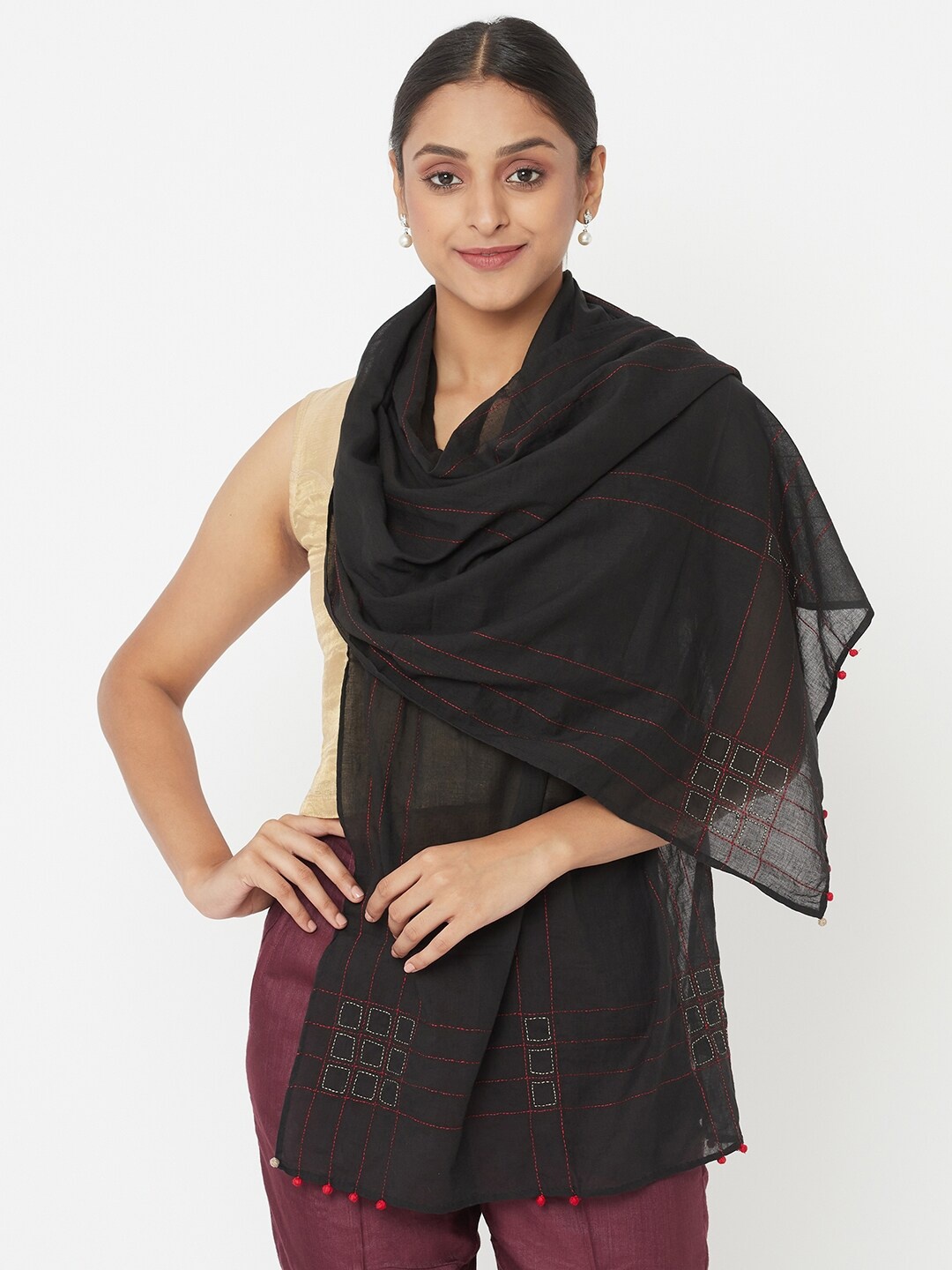 

Fabindia Women Black & Red Striped Cotton Stoles