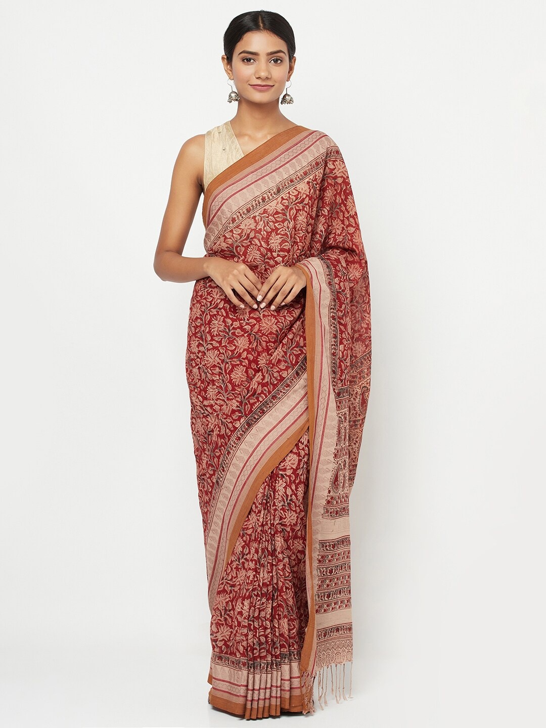 

Fabindia Maroon & Beige Kalamkari Pure Cotton Saree