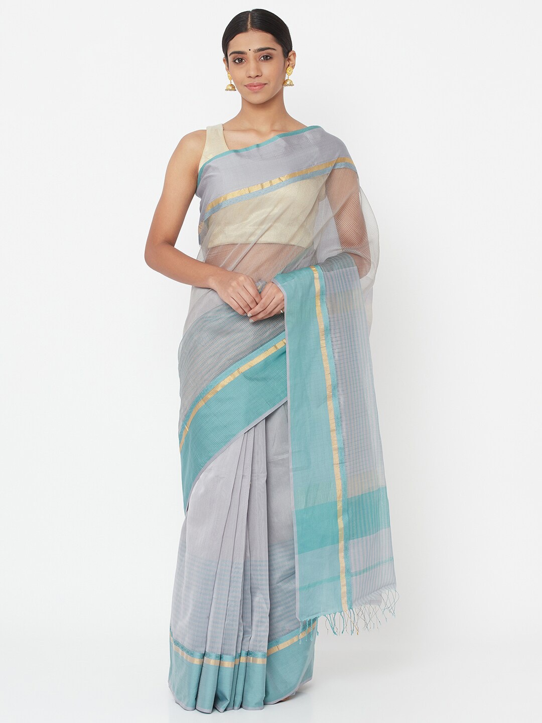 

Fabindia Grey & Blue Striped Saree