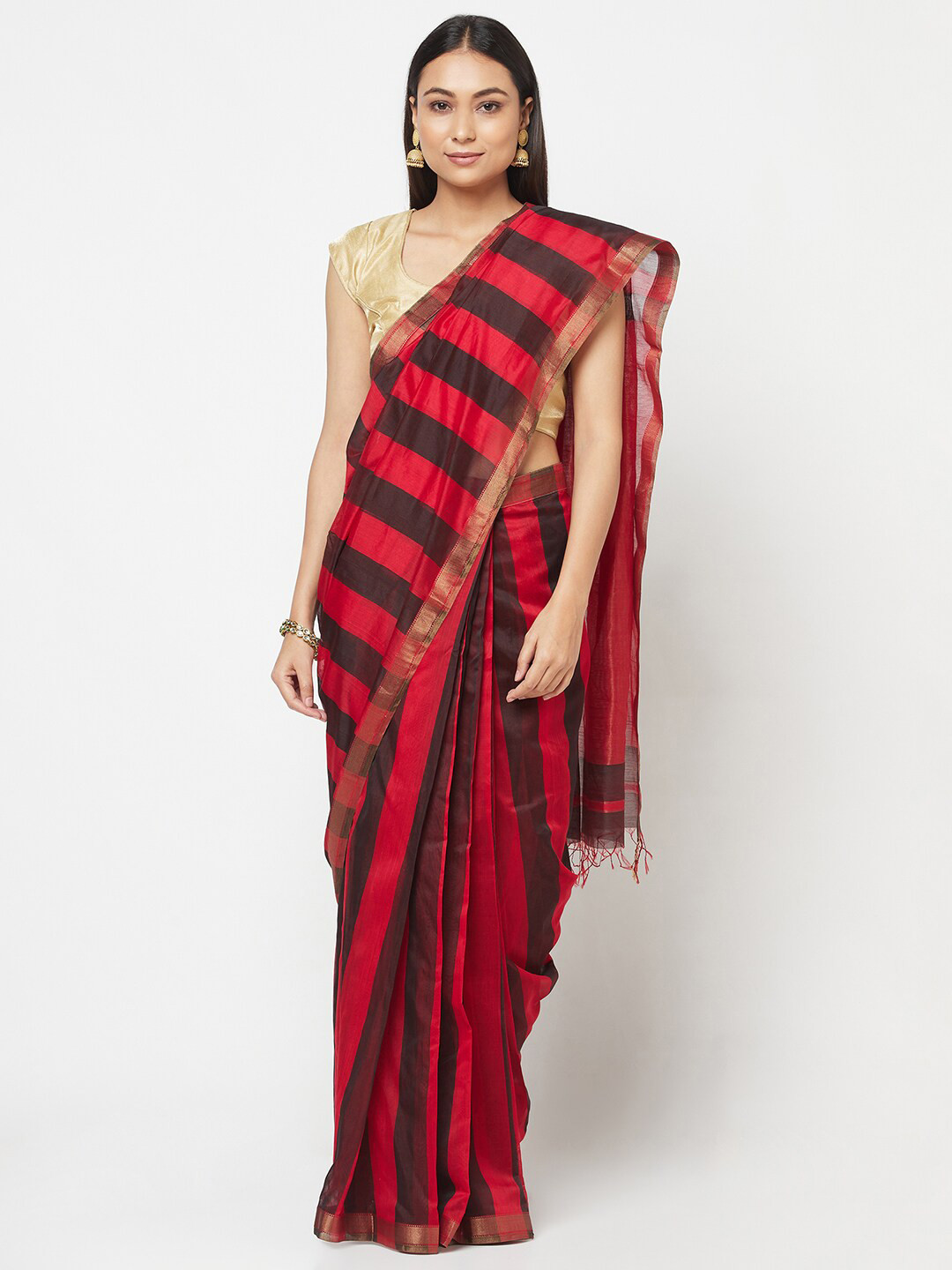 

Fabindia Red & Black Striped Zari Saree