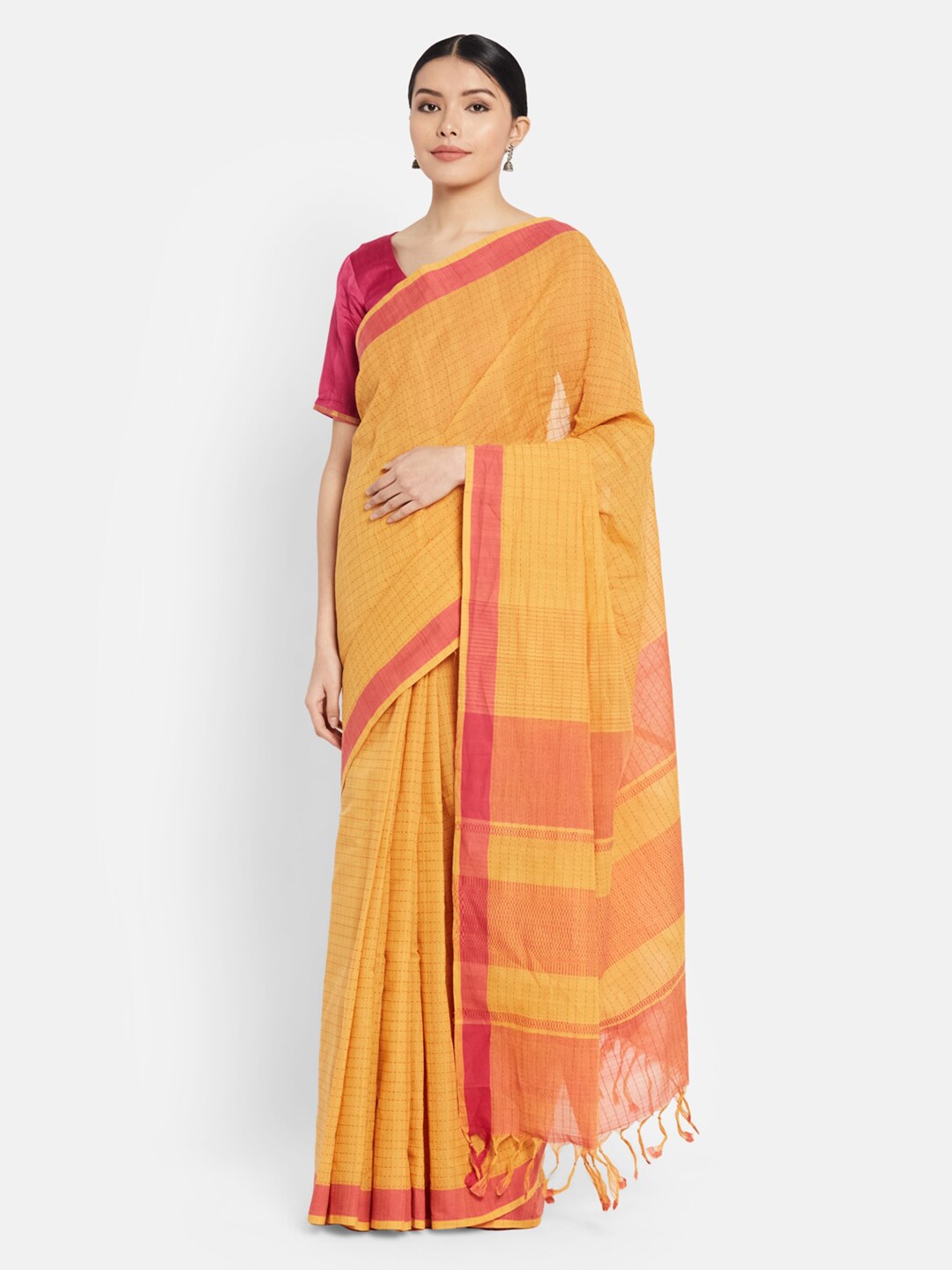 

Fabindia Yellow & Red Checked Cotton Loom Woven Sari