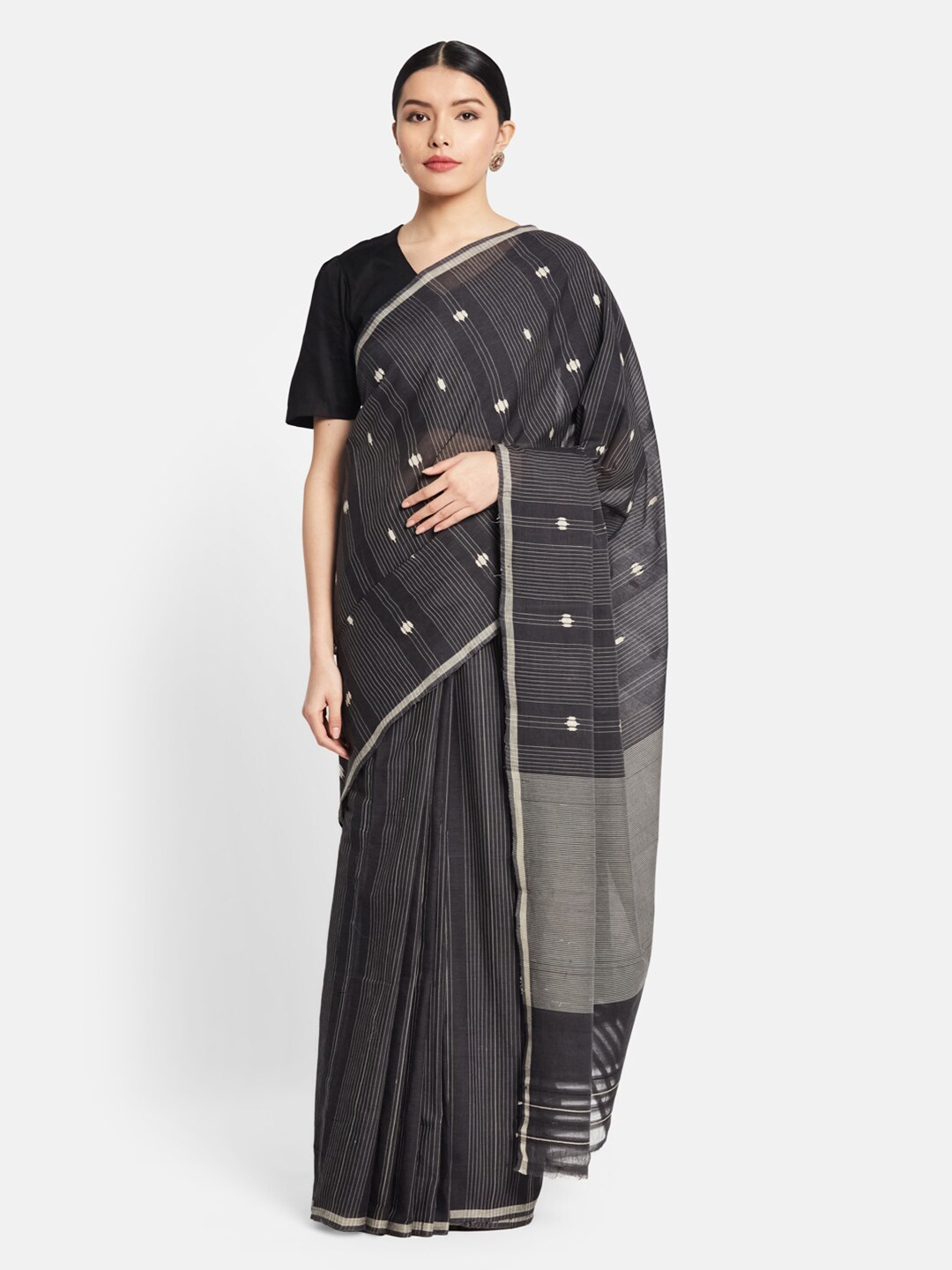 

Fabindia Black & White Striped Pure Cotton Saree