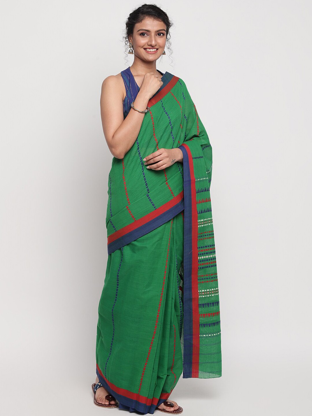 

Fabindia Green & Red Striped Pure Cotton Saree