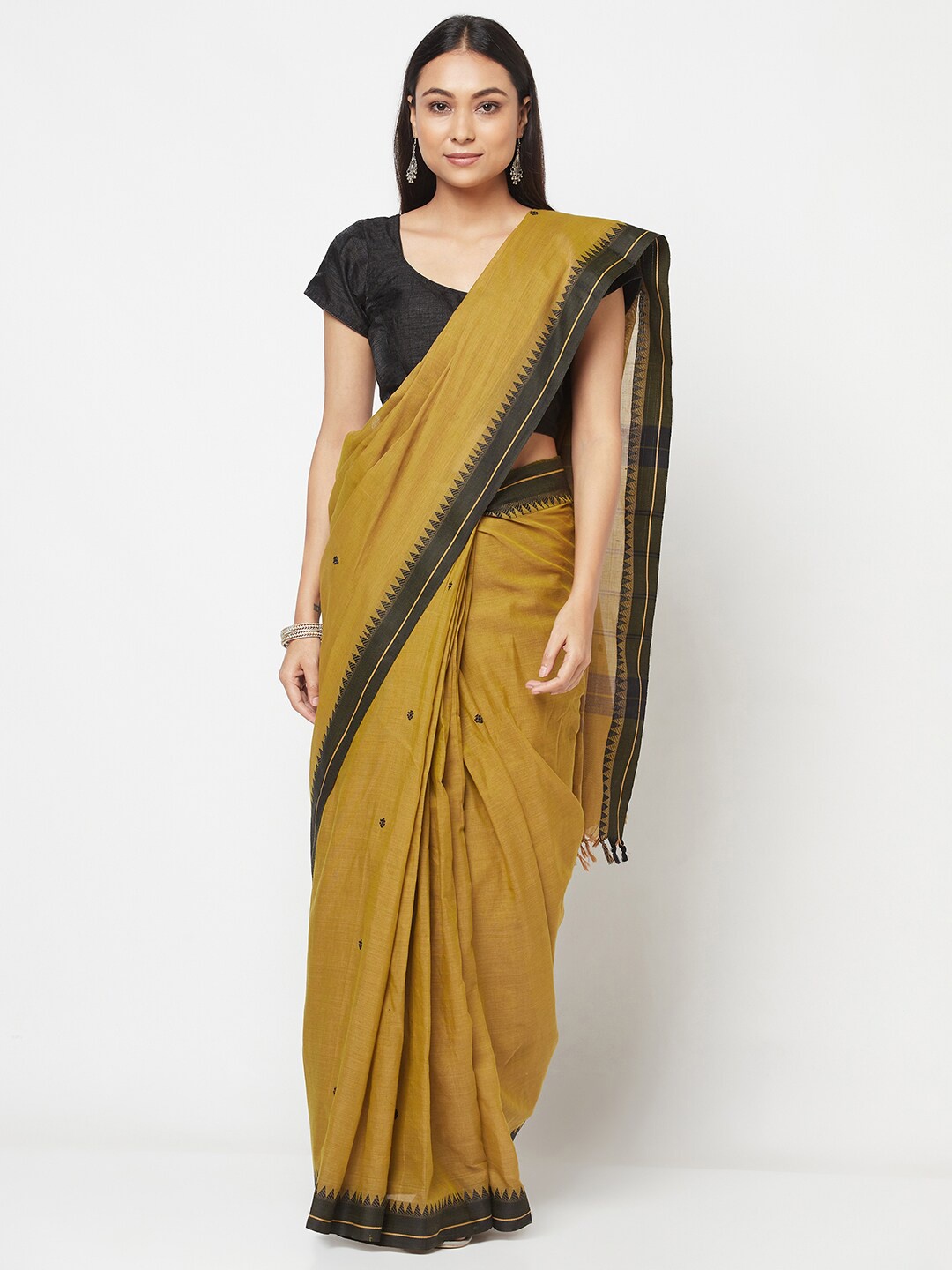 

Fabindia Green & Black Solid Woven Design Pure Cotton Saree