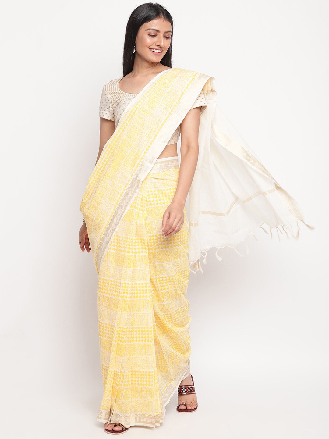 

Fabindia Off White & Yellow Geometric Printed Pure Cotton Saree